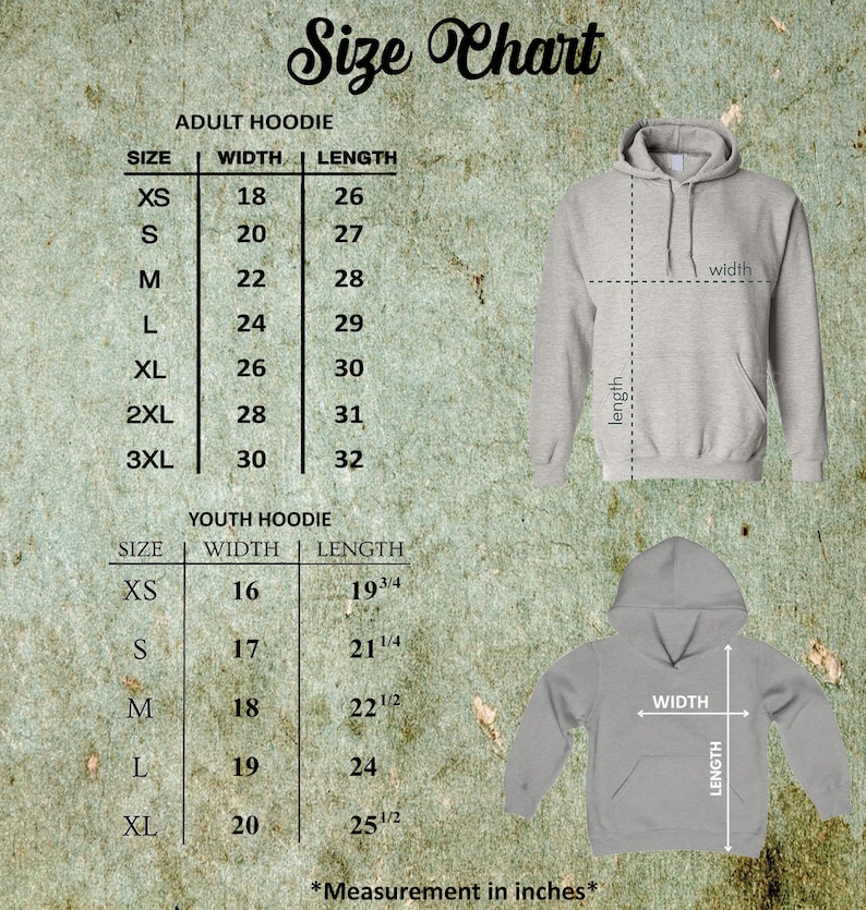 May include: A size chart for adult and youth hoodies, with measurements in inches. The adult hoodie sizes range from XS to 3XL, with widths from 18 to 30 inches and lengths from 26 to 32 inches. Youth sizes range from XS to XL.