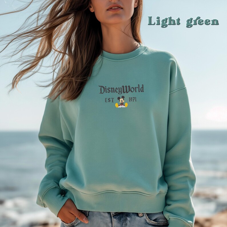 May include: A light green sweatshirt with a Mickey Mouse graphic and the text "DisneyWorld EST 1971" printed on the front.