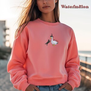 May include: A pink sweatshirt featuring a graphic of a goose wearing a hat and a cat chasing it. The text "silly goose" is printed on the sweatshirt.