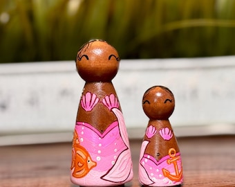 Mermaid | Peg Doll Set | Mother Daughter Gift | Hand Painted | Customizable | Ocean | Wooden Toy | Beach Decor | Diverse Mermaid