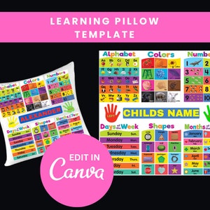 Bearbeitbare Lernkissenvorlage für Kinder - 15x15 Canva Design | Pre-K bis 3.Grad Lernwerkzeug | Perfekt für Sublimation oder DTF