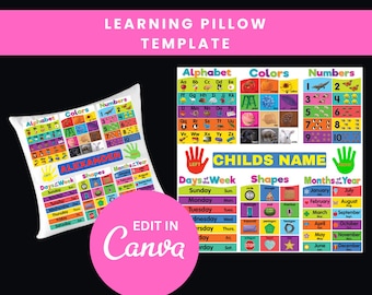 Plantilla editable de almohada de aprendizaje para niños: diseño Canva de 15 x 15 / Herramienta de aprendizaje para preescolar a tercer grado / Perfecta para sublimación o DTF