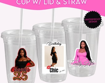 Vaso personalizado con tapa y pajita / Vasos para fiestas / Vasos personalizados / Vasos de cumpleaños / Vasos de boda / Vasos de plástico para fiestas / Pegatinas impermeables