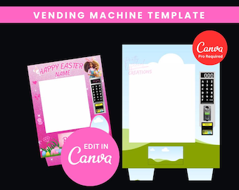 Plantilla de máquina expendedora de Pascua de 12 x 16/Máquina expendedora de Pascua con diseño de muñeca rosa/Máquina expendedora editable de Canva con patas