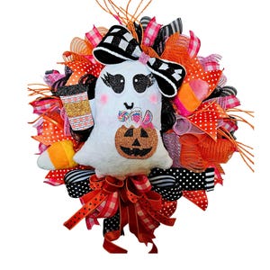 Spice Latte Ghost Girl Wreath, Cute Halloween Deco Mesh Wreath with Coffee Cup, Pumpkin Candy Corn Door Decor, Whimsical Fall Wreath