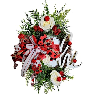 Ladybug Wreath for Front Door, Red and White Grapevine Wreath, Wooden Hi Welcome Sign, Spring Summer Door Decor, Farmhouse Ladybug Wreath