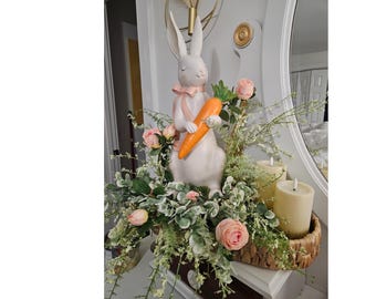 Easter Bunny Centerpiece, Spring Table Decor with Floral Greenery, Easter Rabbit Decoration, Farmhouse Easter Decor, Spring Home Decor