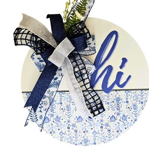 Hi Blue Floral Door Hanger, Rustic Farmhouse Door Sign, Handmade Wooden Sign, Blue and White Decor, Elegant Entryway Decor, Front Porch Sign