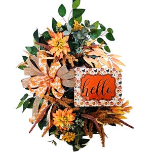 Ghirlanda autunnale con cartello &quot;Ciao&quot;, decorazione per porta color arancione zucca brillante, ghirlanda rustica autunnale con vite, decorazione stagionale per il portico anteriore