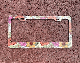 Hippie Floral License Plate Frame - 2-Pack Personalized Car License Plate Holder Covers for Women, Metal Aluminum Car Tag