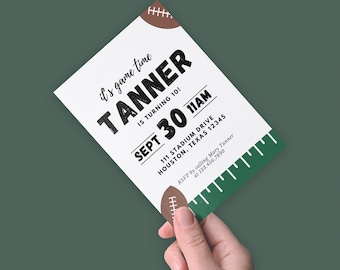 May include: A white invitation with black text for a 10th birthday party for Tanner. The invitation features a football graphic and the text "it's game time". The party is scheduled for September 30th at 11:00 AM at 111 Stadium Drive, Houston, Texas 12345. RSVP by calling Mary Tanner at 123.456.7890.