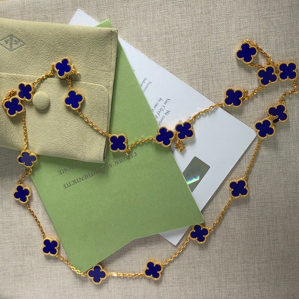 Authentic Van cleef & Arpels necklace ,vintage Alhambra necklace   in 18k gold and  blue chalcedony