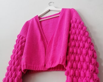 Pink Bubbles Pullover Strickjacke Handmade Merino Wolle Baumwolle Onesize