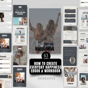 Everyday Happiness eBook & Workbook Mental Health Mindset eBook MRR Canva Template Journal Digital Products Limiting Beliefs Done for You
