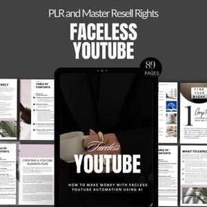 May include: A digital product cover with a black background and a white title that reads "Faceless YouTube". The cover also includes a table of contents, a business plan, and a chapter titled "Choosing the Right Niche and Topic".