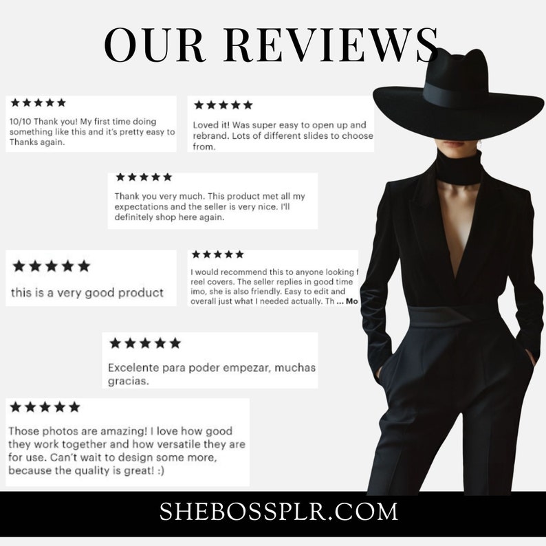 Puede incluir: Una colecci&oacute;n de rese&ntilde;as de clientes para un producto o servicio. Las rese&ntilde;as son todas positivas y destacan la calidad y la facilidad de uso del producto. Las rese&ntilde;as se muestran sobre un fondo blanco con una imagen en blanco y negro de una mujer con un sombrero negro y un mono negro.