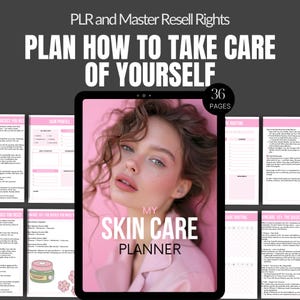 Pode incluir: Um planejador digital de cuidados com a pele com o texto "My Skin Care Planner" em um fundo rosa. O planejador inclui páginas para perfis de pele, rotinas e noções básicas. A imagem também inclui o texto "Plan How to Take Care of Yourself" e "36 Pages".