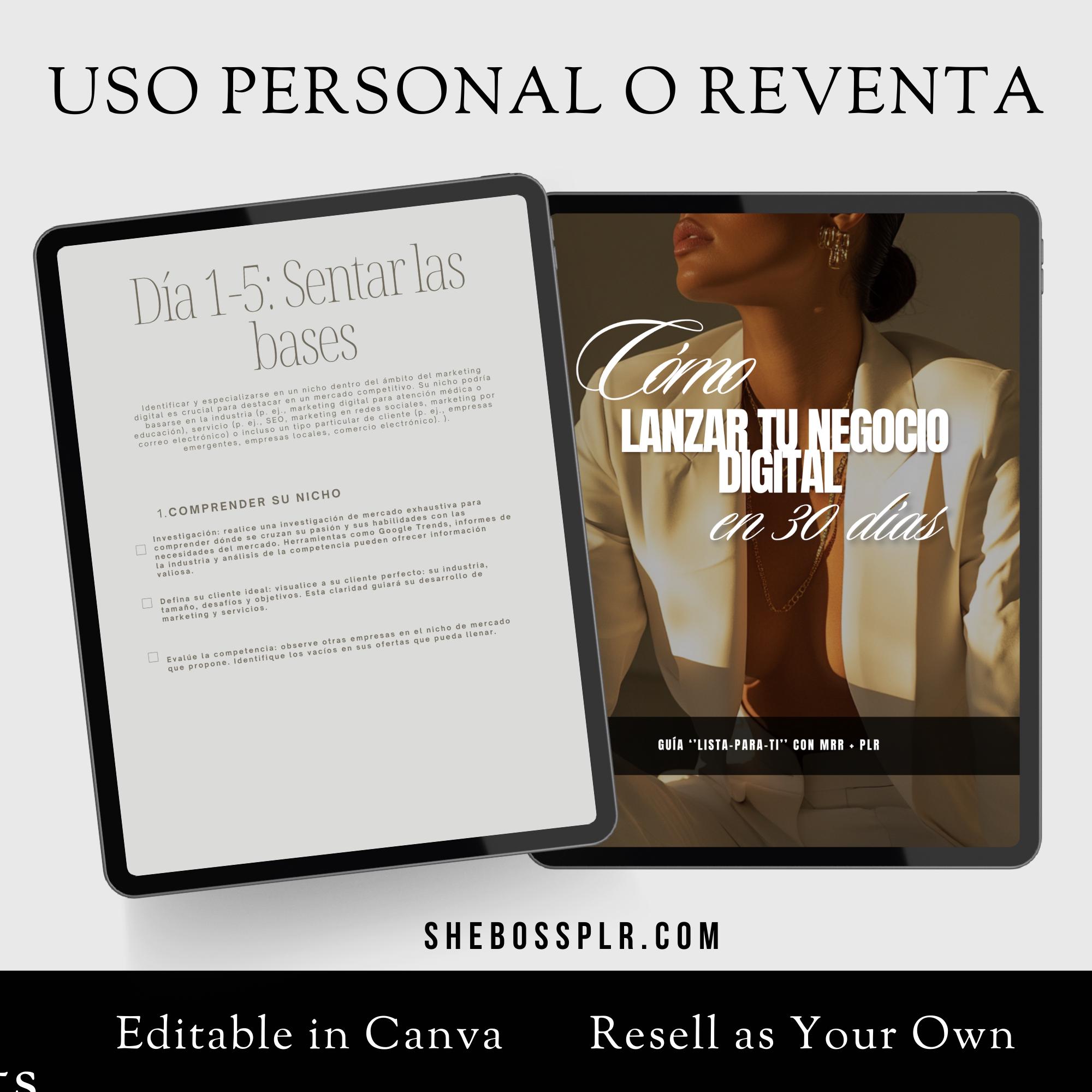 Digital Business Launch Guide (spanish) - PLR & MRR - Canva - Etsy
