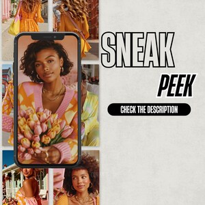 K&ouml;nnte beinhalten: Ein Smartphone-Bildschirm zeigt eine Frau mit einem Tulpenstrau&szlig;, die einen rosa, orangefarbenen und wei&szlig;en Pullover tr&auml;gt. Das Bild ist von anderen Modefotos umgeben. Der Text auf dem Bild lautet "SNEAK PEEK" und "CHECK THE DESCRIPTION."