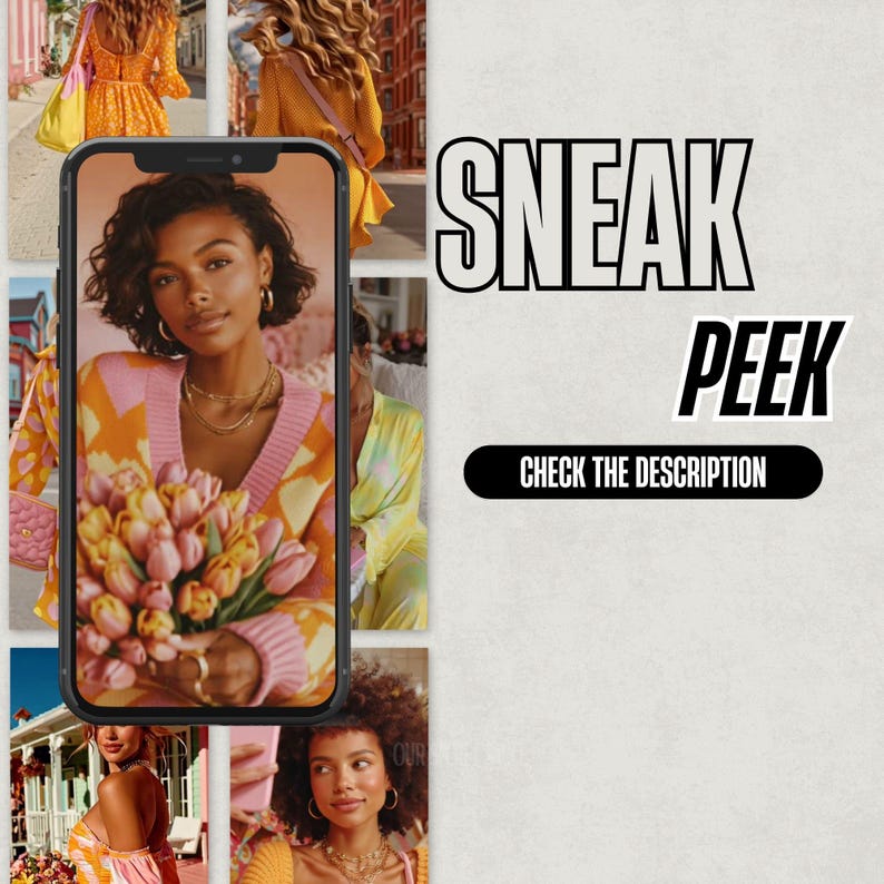 K&ouml;nnte beinhalten: Ein Smartphone-Bildschirm zeigt eine Frau mit einem Tulpenstrau&szlig;, die einen rosa, orangefarbenen und wei&szlig;en Pullover tr&auml;gt. Das Bild ist von anderen Modefotos umgeben. Der Text auf dem Bild lautet "SNEAK PEEK" und "CHECK THE DESCRIPTION."