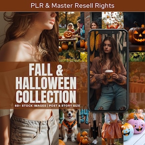 May include: A collage of images with a fall and Halloween theme. The text "FALL & HALLOWEEN COLLECTION" is displayed in large, bold letters. The collage includes images of pumpkins, people, and a dog.