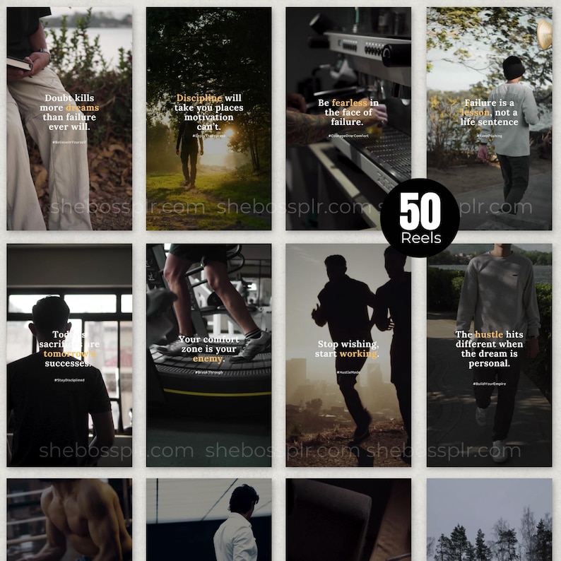 May include: A collage of motivational quotes with images of people exercising and working out. The quotes include "Doubt kills more dreams than failure ever will." and "Your comfort zone is your enemy."