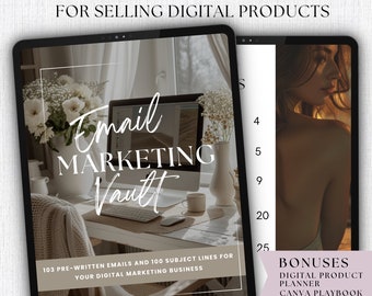 May include: A digital product called "Email Marketing Vault" for selling digital products. The product includes 103 pre-written emails and 100 subject lines for your digital marketing business. It also includes bonuses such as a digital product planner and a Canva playbook.