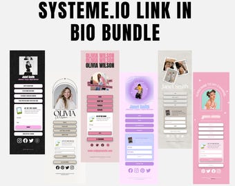 May include: A digital marketing bio bundle with four different link in bio templates. The templates are designed for social media and feature a pink, purple, and blue color scheme. The text on the templates reads "Janet Smith", "Olivia Wilson", and "Subscribe to my channel".