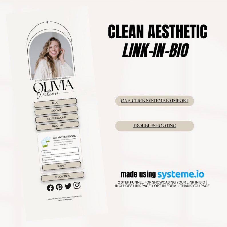 May include: A clean aesthetic link-in-bio page with a photo of Olivia Wilson, an influencer and creator, and buttons for her blog, podcast, course, and about me page. The page also includes a form to get a free ebook and a call to action for coaching.