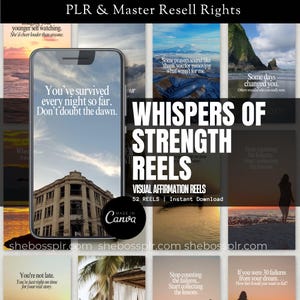 Puede incluir: Imagen promocional para "Whispers of Strength Reels", carretes de afirmación visual. La imagen presenta un teléfono inteligente que muestra una cita, rodeado de otras imágenes inspiradoras. El texto incluye "52 Reels | Descarga instantánea" y direcciones de sitios web.