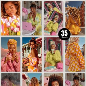 K&ouml;nnte beinhalten: Ein Raster von neun Bildern mit Frauen in verschiedenen Outfits und Umgebungen. Die Bilder zeigen eine Vielzahl von Stilen, darunter Blumenkleider, gem&uuml;tliche Pullover und farbenfrohe Accessoires. Die Bilder haben eine helle und fr&ouml;hliche &Auml;sthetik mit Fokus auf Mode und Lifestyle.