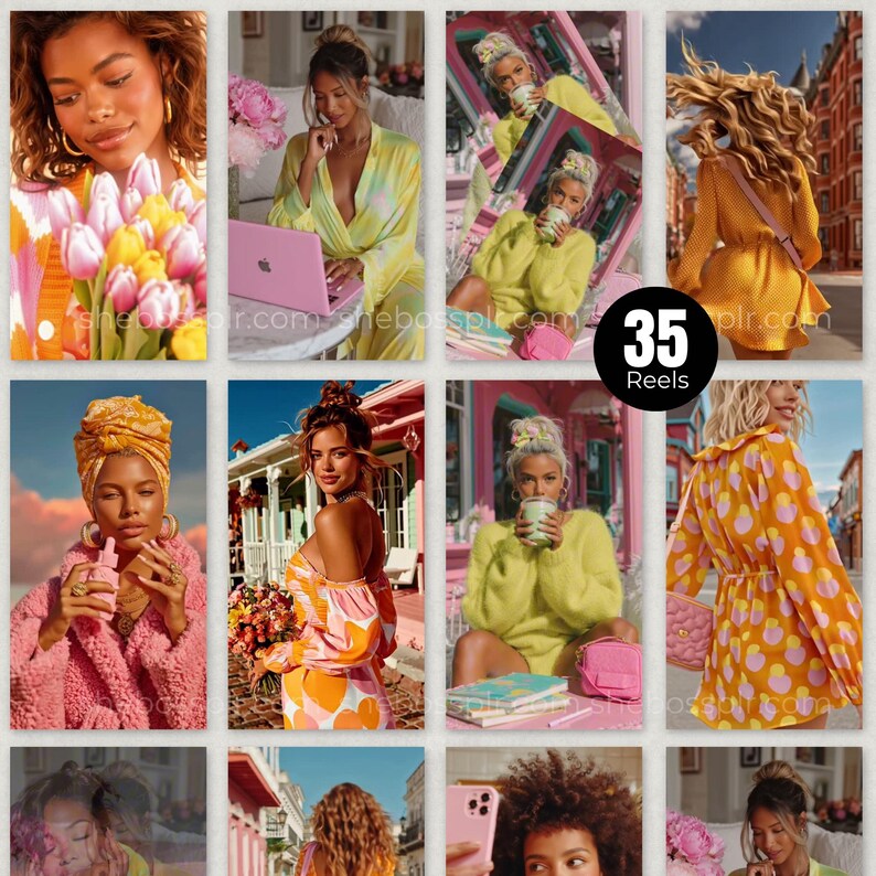 K&ouml;nnte beinhalten: Ein Raster von neun Bildern mit Frauen in verschiedenen Outfits und Umgebungen. Die Bilder zeigen eine Vielzahl von Stilen, darunter Blumenkleider, gem&uuml;tliche Pullover und farbenfrohe Accessoires. Die Bilder haben eine helle und fr&ouml;hliche &Auml;sthetik mit Fokus auf Mode und Lifestyle.