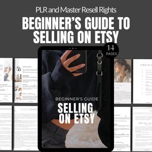 Puede incluir: Una guía digital titulada "Guía para principiantes para vender en Etsy" con 14 páginas. La guía se muestra en una tableta con una mano de mujer sosteniendo la tableta. La guía incluye información sobre palabras clave, la configuración de la tienda Etsy y más.