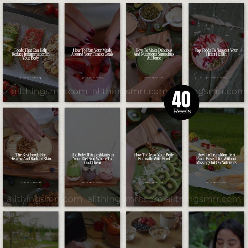 Editable nutrition content for Instagram reels including meal plan tips and wellness captions