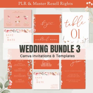 Pode incluir: Um conjunto de modelos de convite de casamento em formato Canva. Os modelos apresentam um design floral com detalhes em rosa e laranja. O texto inclui "Save the Date", "Wedding Bundle 3", "Canva invitations & Templates", "Cocktail Menu", "Table 01" e "Jackson".
