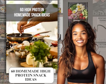 May include: A digital product cover featuring a woman in a black sports bra and a close-up of a pan with food cooking on a stovetop. The text on the cover reads "60 High Protein Homemade Snack Ideas".