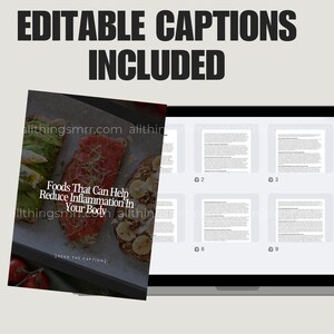 K&ouml;nnte beinhalten: Ein Laptop, der ein digitales Dokument mit dem Text "EDITABLE CAPTIONS INCLUDED" anzeigt. Ein kleineres Bild zeigt Lebensmittel mit dem Text: "Foods That Can Help Reduce Inflammation In Your Body." Das Bild enth&auml;lt Text: "allthingsmrr.com."