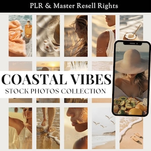 May include: A collection of stock photos with a coastal theme. The photos feature a variety of subjects, including a woman wearing a hat, a woman on a beach, a woman with a hat and fruit, and a woman with a hat and a drink. The photos are all in a warm, inviting color palette.