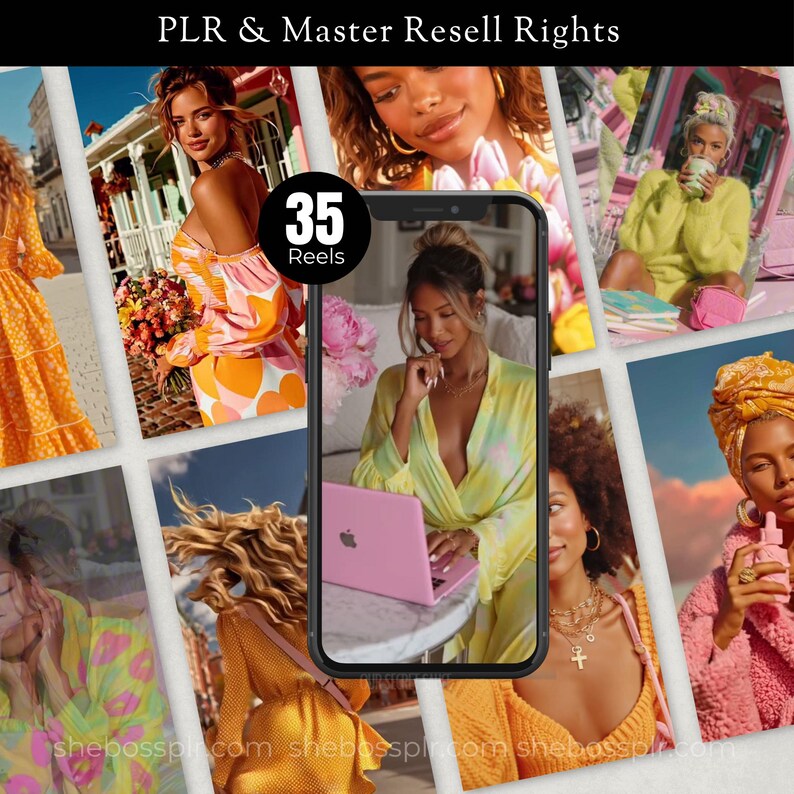AI-generated visual reels for coaches and creators in a vibrant beach and lifestyle aesthetic. Includes 35 fully editable Canva video templates with PLR and MRR. www.shebossplr.com