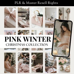May include: A collage of images featuring a pink winter theme. The images include a pink gift bag, a book, a Christmas tree, a woman in a pink dress, and a bouquet of pink roses. The text "PINK WINTER CHRISTMAS COLLECTION" is displayed in the center of the collage.