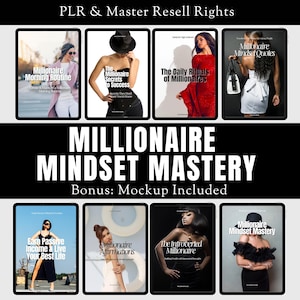 May include: A digital product mockup showcasing a collection of e-books on the subject of millionaire mindset mastery. The e-books have titles such as "Millionaire Morning Routine", "The Millionaire Secrets to Success", "The Daily Rituals of Millionaires", "Millionaire Mindset Quotes", "Earn Passive Income & Live Your Best Life", "Millionaire Affirmations", "The Introverted Millionaire", and "Millionaire Mindset Mastery".