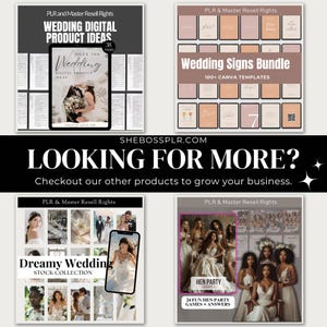 May include: A collage of four digital products for wedding planning, including a guide to wedding digital product ideas, a bundle of wedding signs, a collection of dreamy wedding stock photos, and a set of hen party games. Each product features a pink and white color scheme and includes the text "PLR & Master Resell Rights".