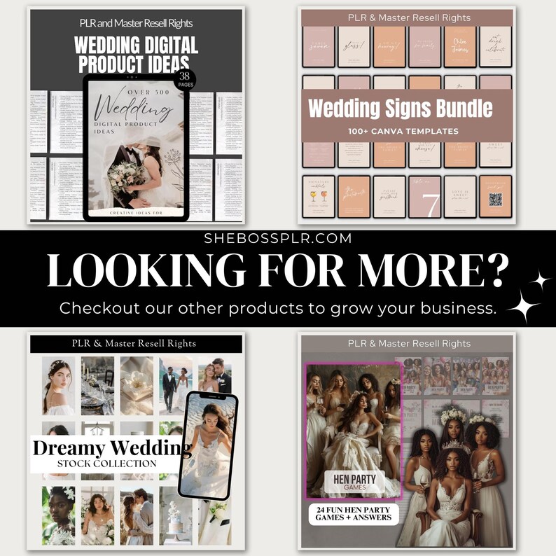 May include: A collage of four digital products for wedding planning, including a guide to wedding digital product ideas, a bundle of wedding signs, a collection of dreamy wedding stock photos, and a set of hen party games. Each product features a pink and white color scheme and includes the text "PLR & Master Resell Rights".
