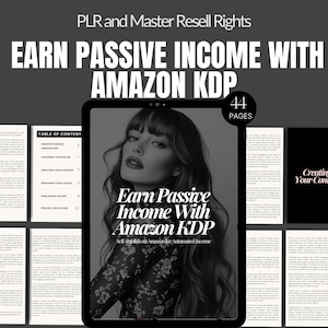 Op de afbeelding: Een zwart-wit afbeelding van een vrouwen gezicht op een tablet scherm. De tekst op het scherm luidt "Earn Passive Income With Amazon KDP Self-Publish on Amazon for Automated Income". De tekst "44 Pages" staat in de rechterbovenhoek van de afbeelding.
