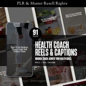 Puede incluir: Imagen promocional con el texto "HEALTH COACH REELS & CAPTIONS" en blanco. La imagen incluye el texto "NOURISH. COACH. ACHIEVE YOUR HEALTH GOALS." y "91 Reels". El fondo presenta imágenes de consejos de salud y fitness.