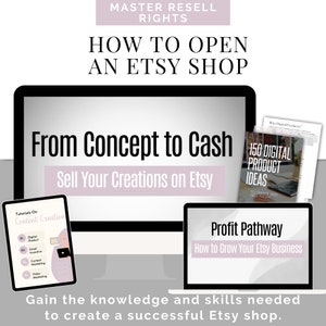 May include: A digital marketing course for Etsy sellers, titled "From Concept to Cash: Sell Your Creations on Etsy". The course includes tutorials on content creation, digital products, email incentives, content marketing, and video marketing. The course also includes a guide titled "150 Digital Product Ideas" and a guide titled "Profit Pathway: How to Grow Your Etsy Business".