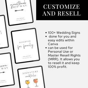May include: A digital mockup of a set of wedding signs with text that reads "guestbook this way", "reserved for family", and "signature cocktails". The signs are customizable and can be used for personal use or resold with master resell rights.