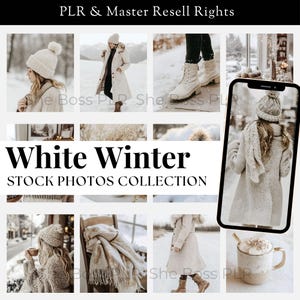 May include: A collection of stock photos featuring a white winter theme. The photos include a woman wearing a white coat and a white hat, a woman wearing a white sweater and a white hat, a woman holding a cup of coffee, a blanket on a chair, and a cup of coffee on a table.