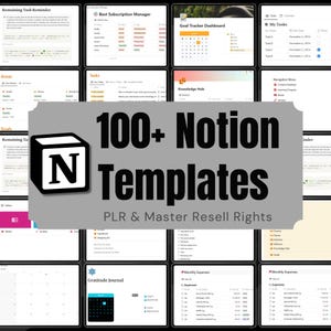 May include: A collage of screenshots showcasing a variety of Notion templates, including a task reminder, subscription manager, goal tracker, knowledge hub, and monthly expense tracker. The text "100+ Notion Templates" is displayed in a large font on a grey background.