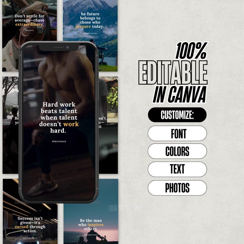 May include: A collage of motivational quotes displayed on a smartphone screen. The quotes include "Don't settle for average-chase extraordinary", "Hard work beats talent when talent doesn't work hard", "Success isn't given-it's earned through action", and "Be the man who inspires others". The background of the collage is a blurred image of a forest and a lake. The text "100% Editable in Canva" is displayed in large, bold letters at the top of the image. Below the text, there are four buttons labeled "Font", "Colors", "Text", and "Photos".